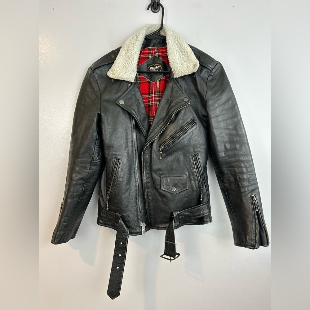 Sraight To Hell RARE Commando Black Leather Sherpa Collar Moto Jacket Size 38